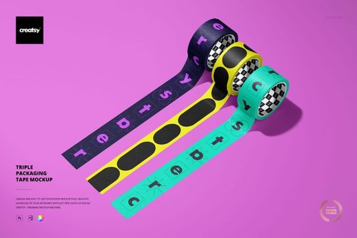 Triple packaging tape PSD mockup showing three tapes with geometric designs in purple, yellow, and teal, arranged diagonally.
