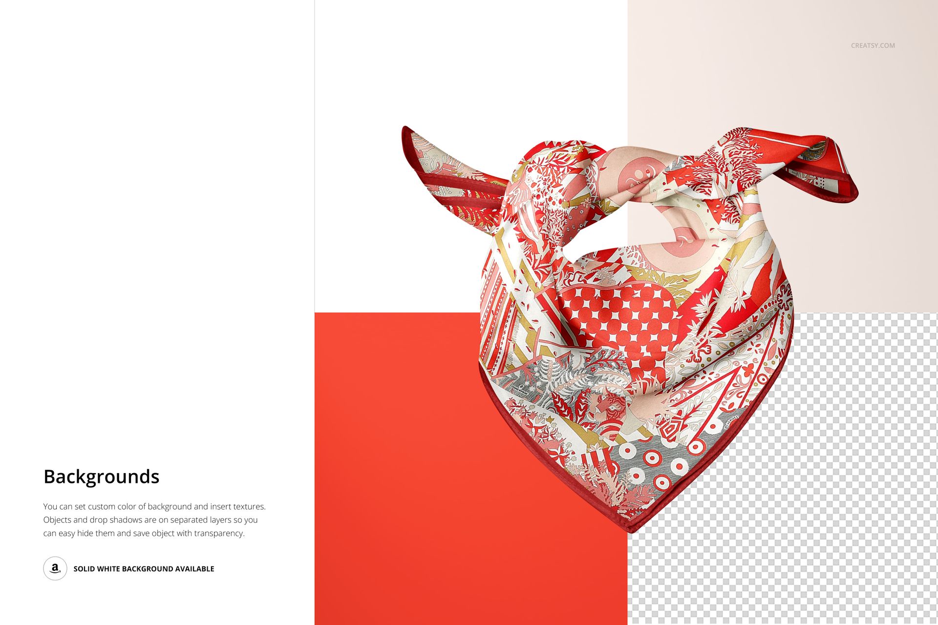 Silk bandana scarf mockup displayed in a folded arrangement, featuring red, white, and beige floral and geometric patterns.