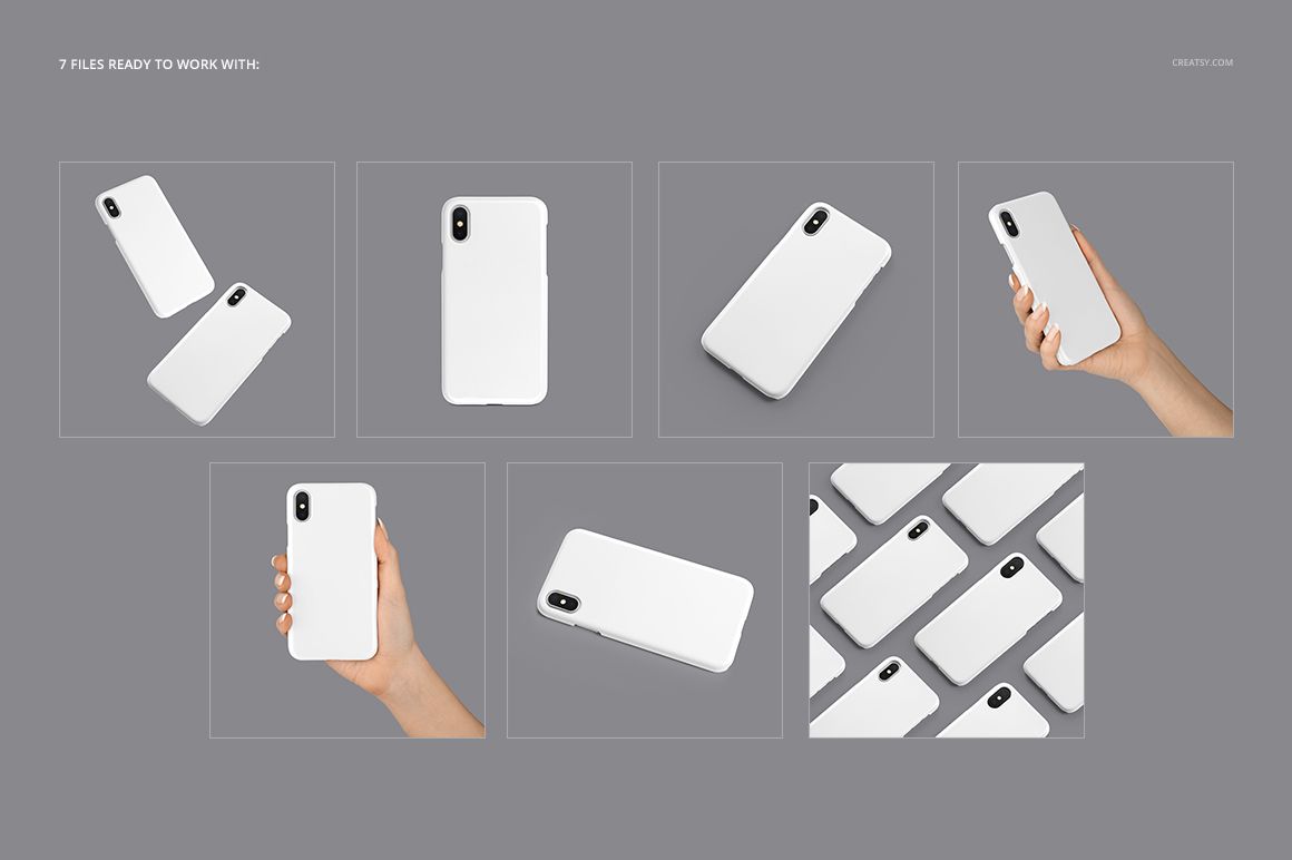 Set of iPhone X plastic case mockups in various angles, featuring plain white cases on a gray background.
