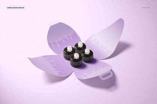 Curved cake box mockup displayed open on a light purple surface, holding four chocolate cupcakes with white frosting.