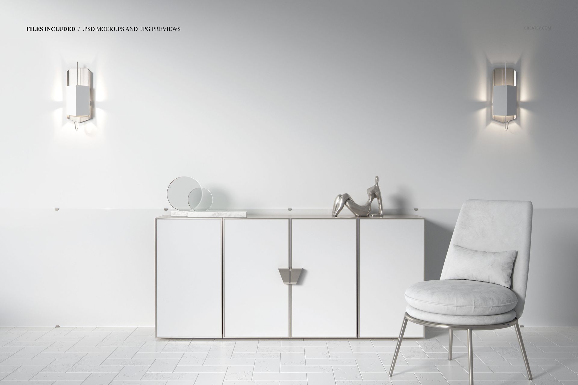 Front view of a modern luxury room featuring white canvas prints mockup above a sleek cabinet, with minimalist decor.