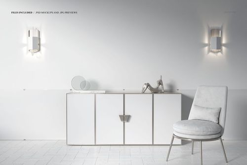 Front view of a modern luxury room featuring white canvas prints mockup above a sleek cabinet, with minimalist decor.