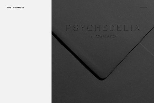 Close-up front view of a square envelope and card mockup in dark gray, featuring embossed text on the card.