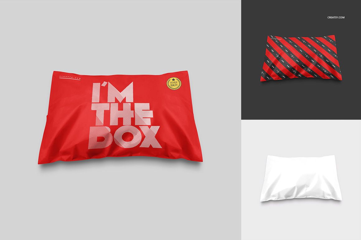 Mailing bag mockup set featuring three bags in different colors and designs, shown from a top view on neutral backgrounds.