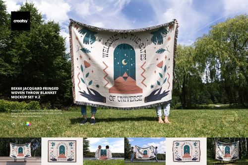 Mockup of a jacquard fringed throw blanket held by two people in a park, showing a bold design and natural background.
