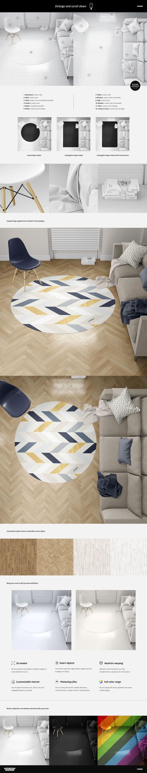 Room interior mockup showing three carpet styles on a herringbone floor, surrounded by a sofa, chair, and decor elements.