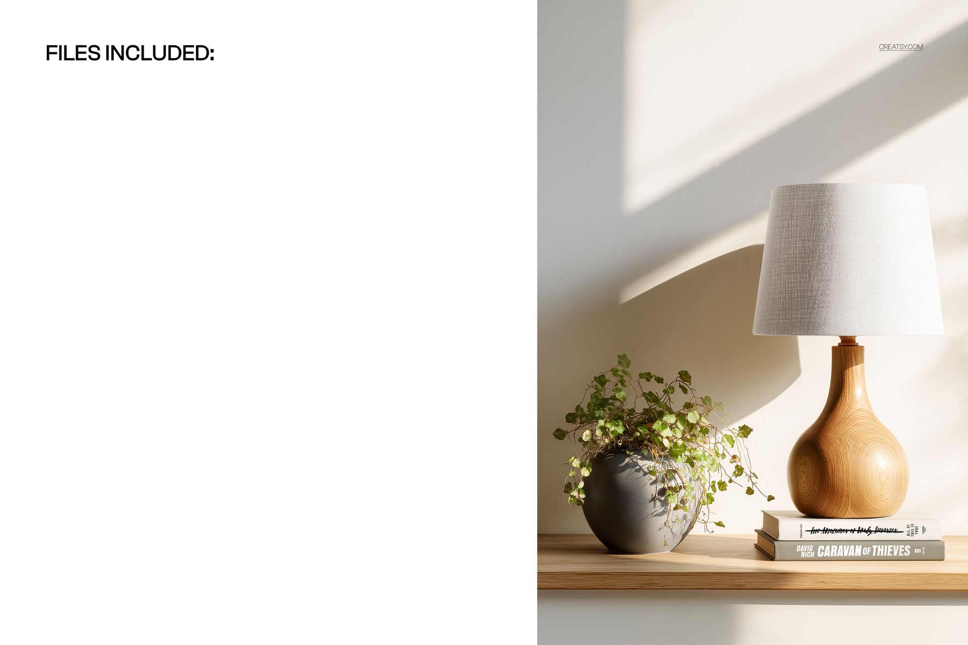 Scandinavian-style wood table lamp mockup with a rounded base and white shade, next to a small leafy plant and books.