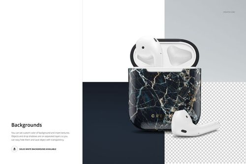 AirPods case mockup featuring a black marble design, open with one AirPod outside, displayed on a clean background.
