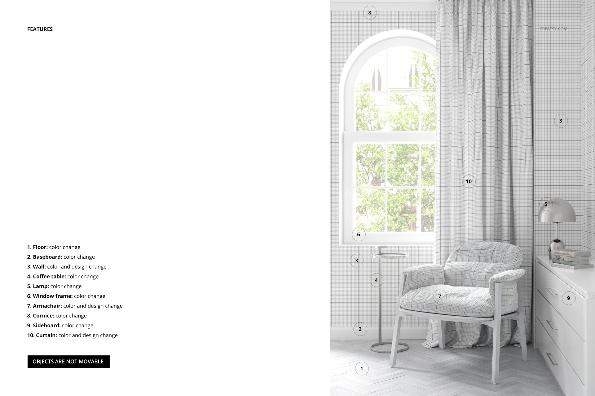 PSD mockup scene featuring a plush lounge chair, brass lamp, and soft textures in a sunlit interior corner by a window.
