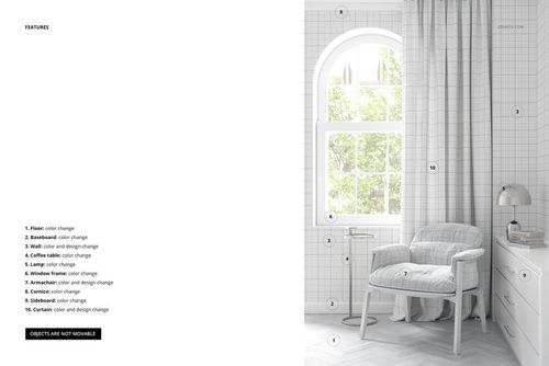 PSD mockup scene featuring a plush lounge chair, brass lamp, and soft textures in a sunlit interior corner by a window.