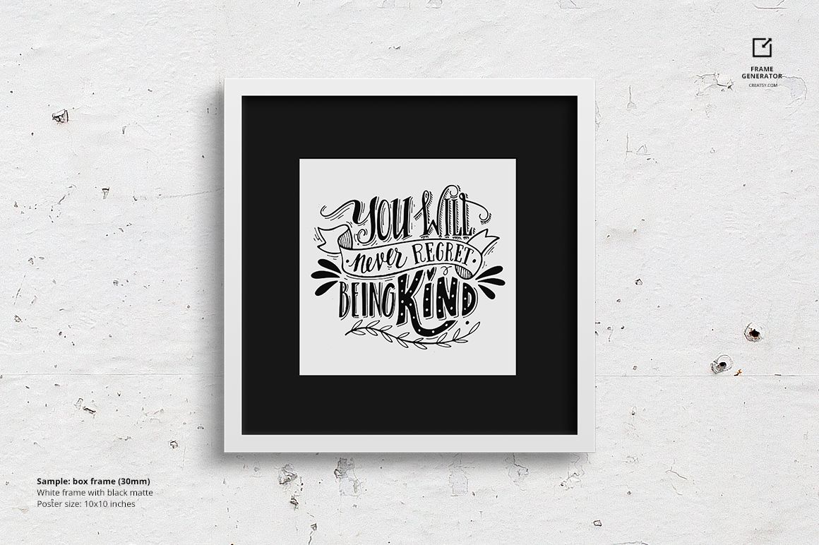 Box frame mockup with white border and black matte, featuring hand-lettered artwork, positioned on a neutral wall.