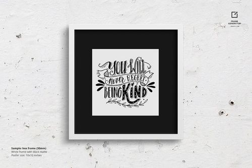 Box frame mockup with white border and black matte, featuring hand-lettered artwork, positioned on a neutral wall.