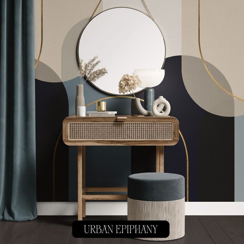 Dressing table mockup featuring a round mirror, decorative lamp, and vases against an abstract arch-patterned wall.
