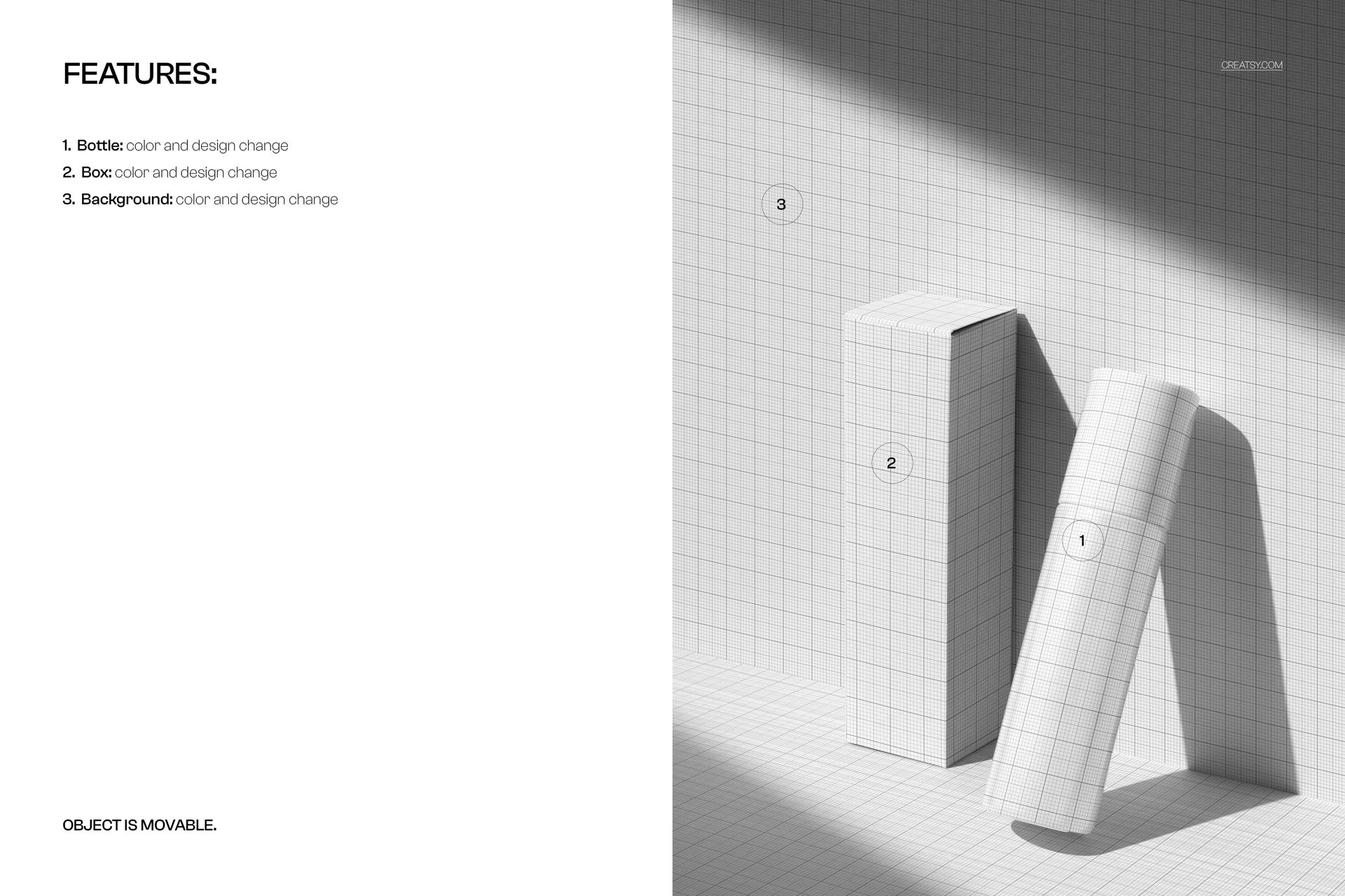 Airless bottle and rectangular box mockup in white with grid pattern, angled view on a textured background.