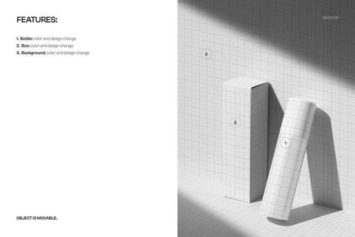 Airless bottle and rectangular box mockup in white with grid pattern, angled view on a textured background.