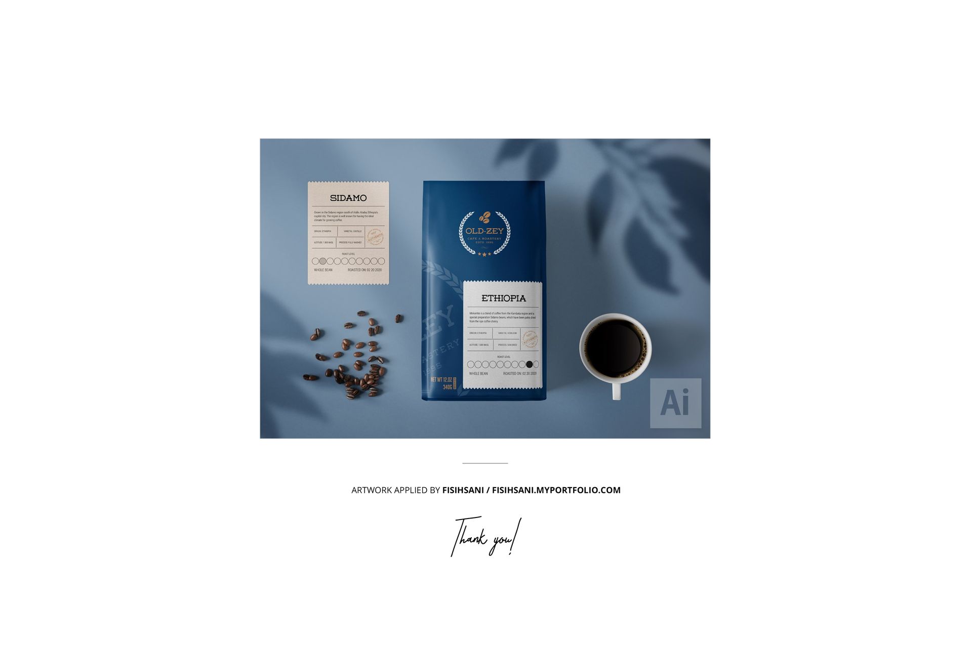 Paper coffee bag mockup with blue and white label, surrounded by coffee beans, a cup of coffee, and a small card.
