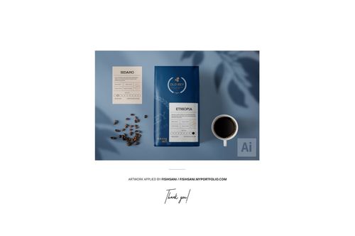 Paper coffee bag mockup with blue and white label, surrounded by coffee beans, a cup of coffee, and a small card.