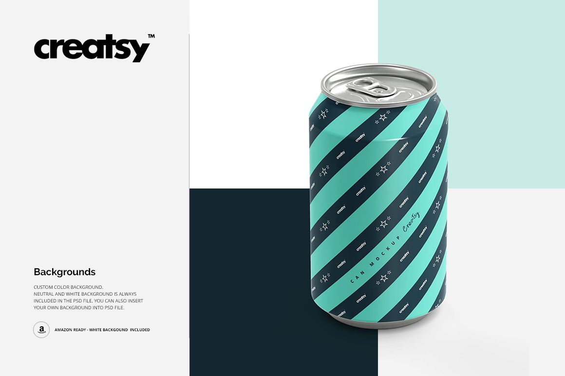 Drinkware mockup featuring a soda can with a geometric teal and navy pattern, displayed against a modern color block backdrop.