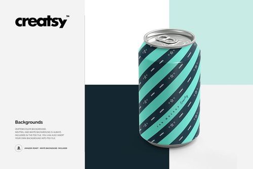 Drinkware mockup featuring a soda can with a geometric teal and navy pattern, displayed against a modern color block backdrop.