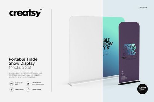 Portable trade show display mockup featuring a large and small banner stand with blue and purple gradient designs.