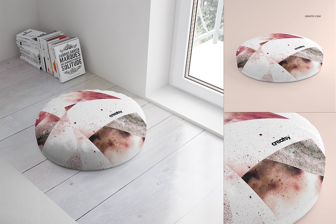 Round pillow mockup featuring a soft cotton texture and splattered geometric design, shown in a bright corner room.