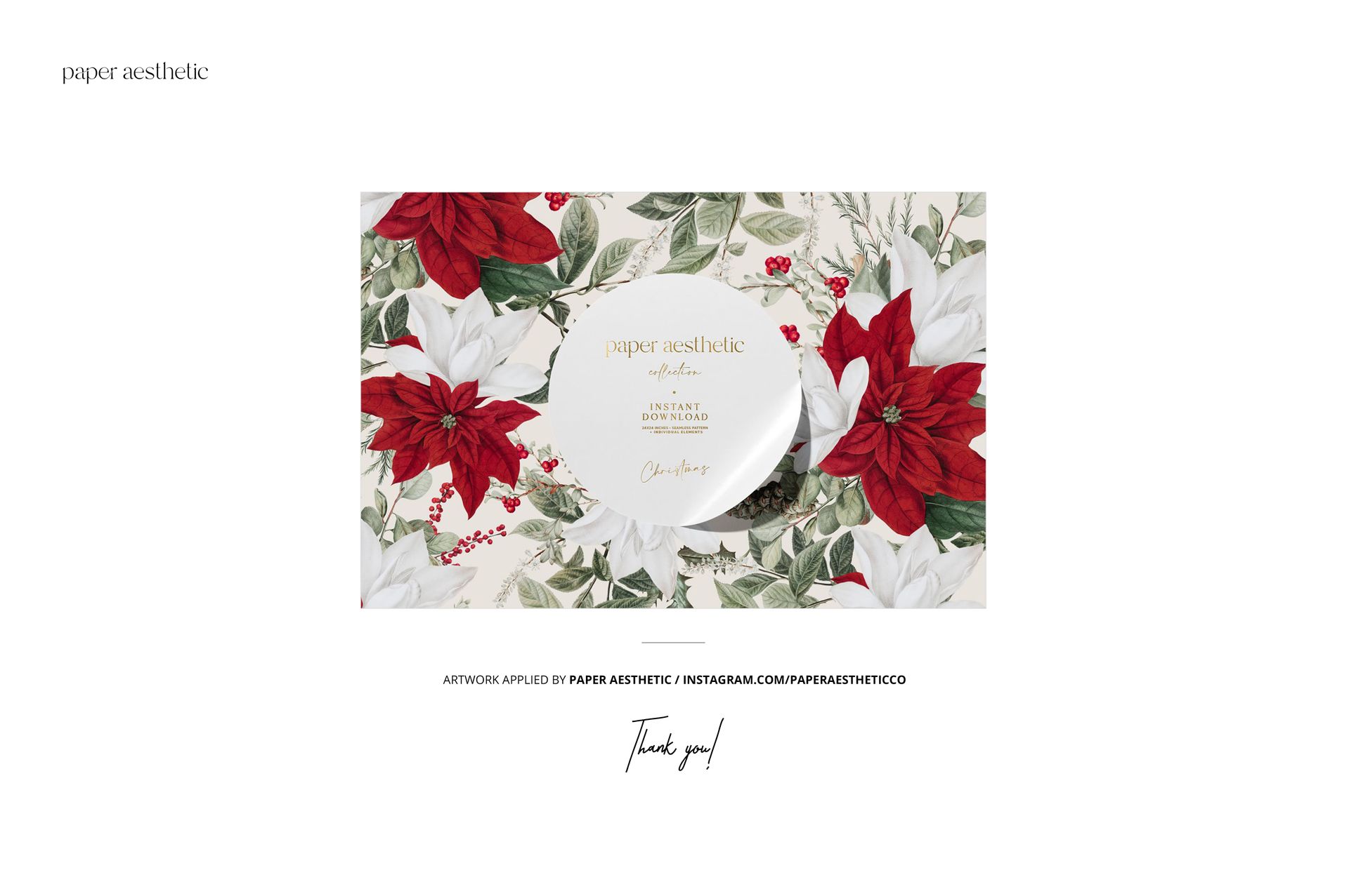 15 oz mug mockup on a rustic wooden table, featuring a festive Christmas floral pattern with red and white poinsettias.