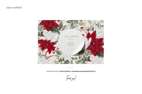 15 oz mug mockup on a rustic wooden table, featuring a festive Christmas floral pattern with red and white poinsettias.