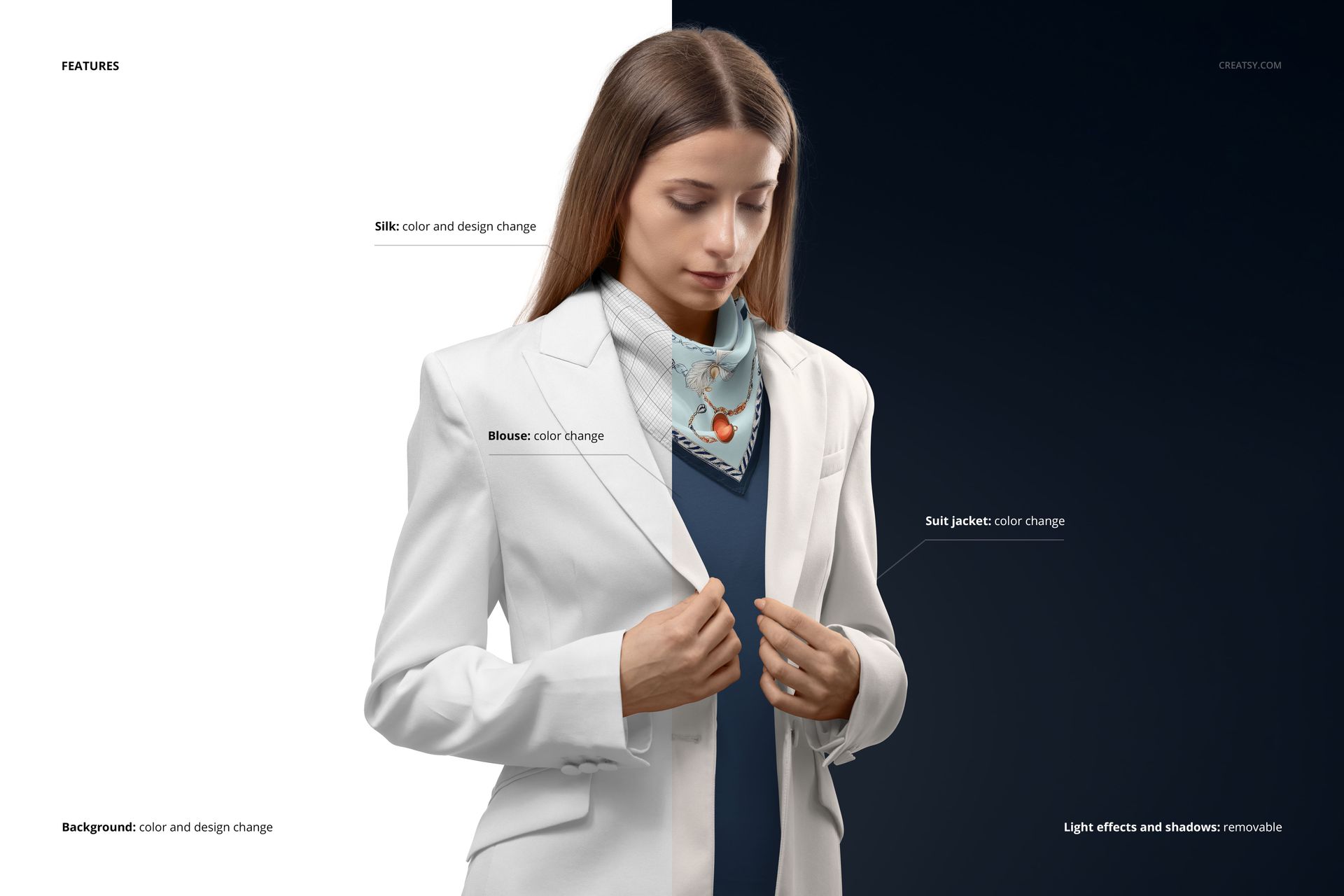 Silk scarf mockup draped around neck, featuring a geometric pattern, worn with a white suit jacket, front view.