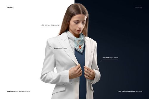 Silk scarf mockup draped around neck, featuring a geometric pattern, worn with a white suit jacket, front view.