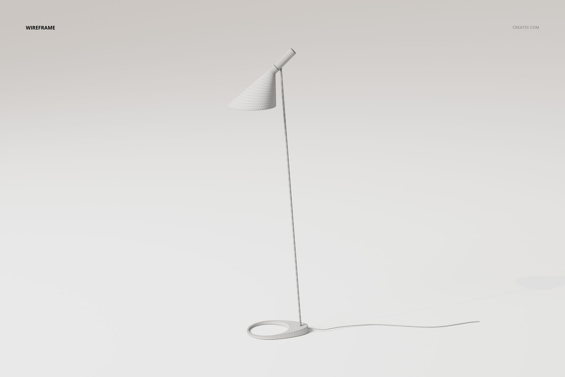 Modern steel floor lamp with conical shade and circular base, shown in wireframe style on a white background.