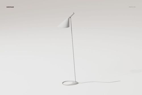 Modern steel floor lamp with conical shade and circular base, shown in wireframe style on a white background.