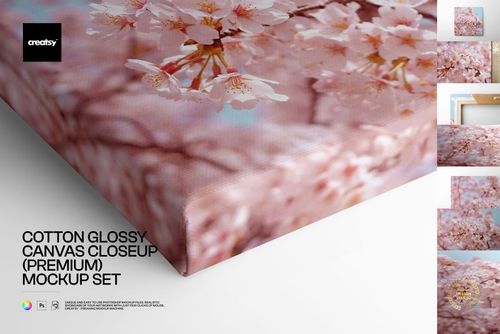 Detailed PSD mockup of a cotton canvas print with cherry blossoms, displaying the print surface and canvas thickness.