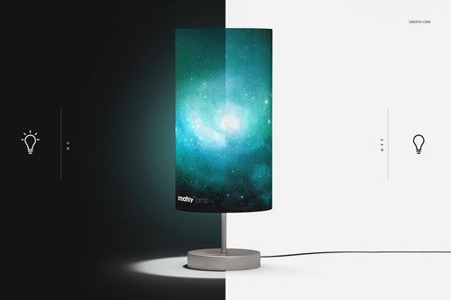 Lampshade mockup featuring a cosmic blue and green design, displayed with illuminated and non-illuminated sides.