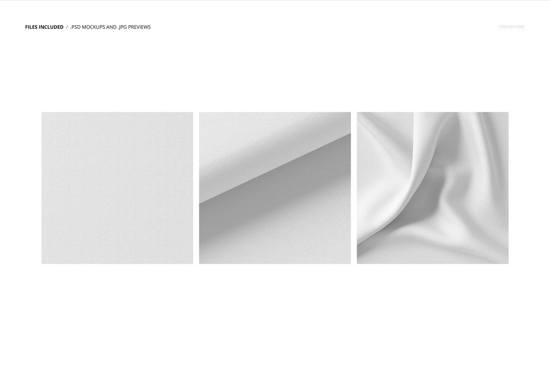 Set of three fabric tester mockups in white, each featuring unique surface details and draping styles.
