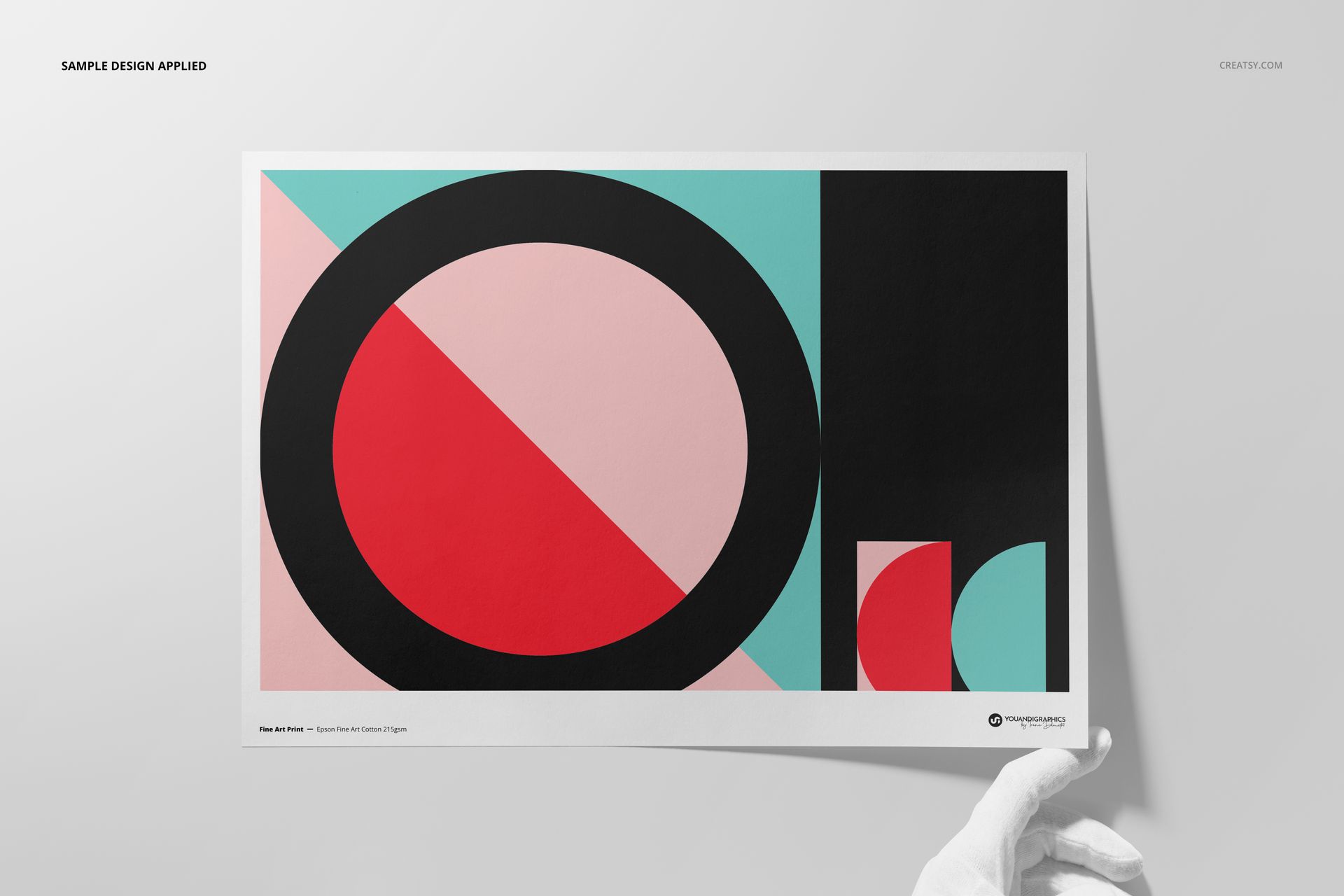 Front view of an Epson Fine Art Cotton Giclée print mockup with abstract geometric design and vibrant colors.