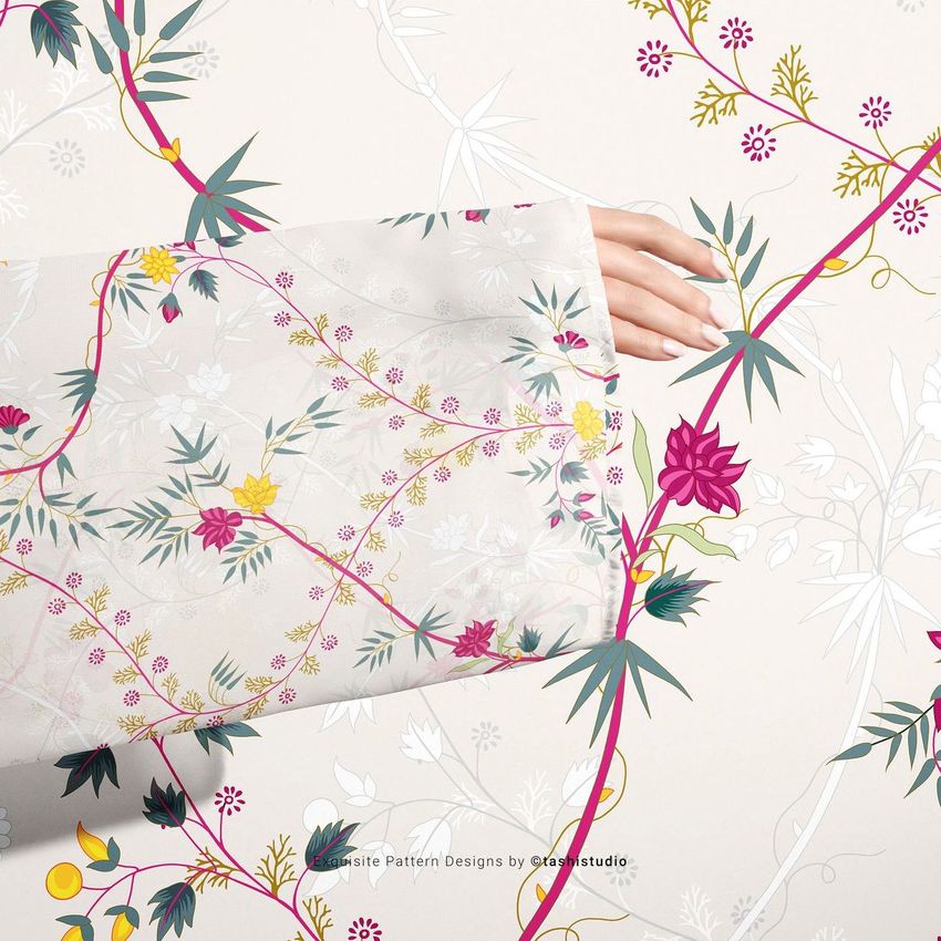 Chiffon kimono mockup showing a hand and sleeve with a sheer floral pattern, set against a matching botanical background.