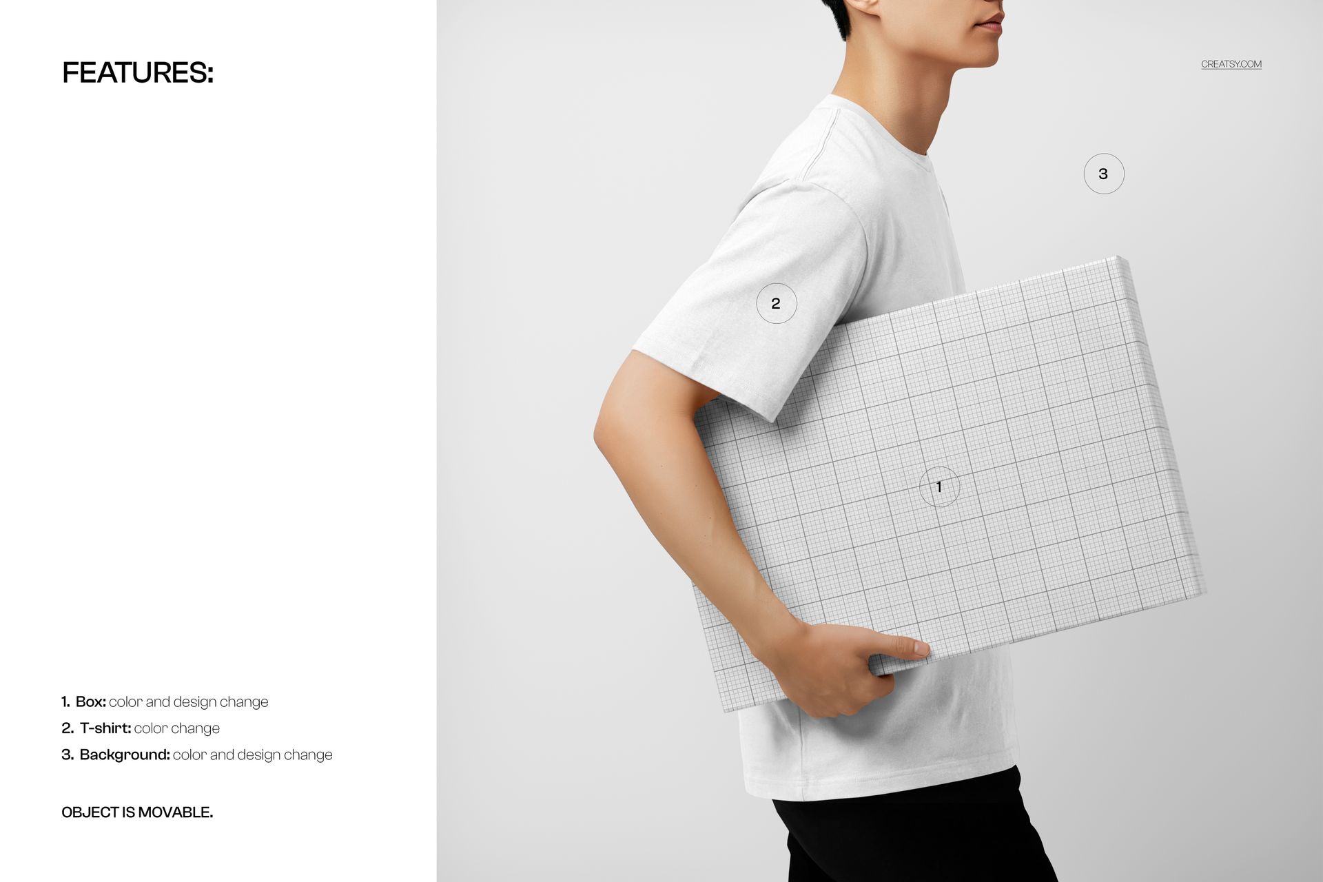 Mockup showing a man carrying a rectangular packaging box with a grid design, white background and minimal props.