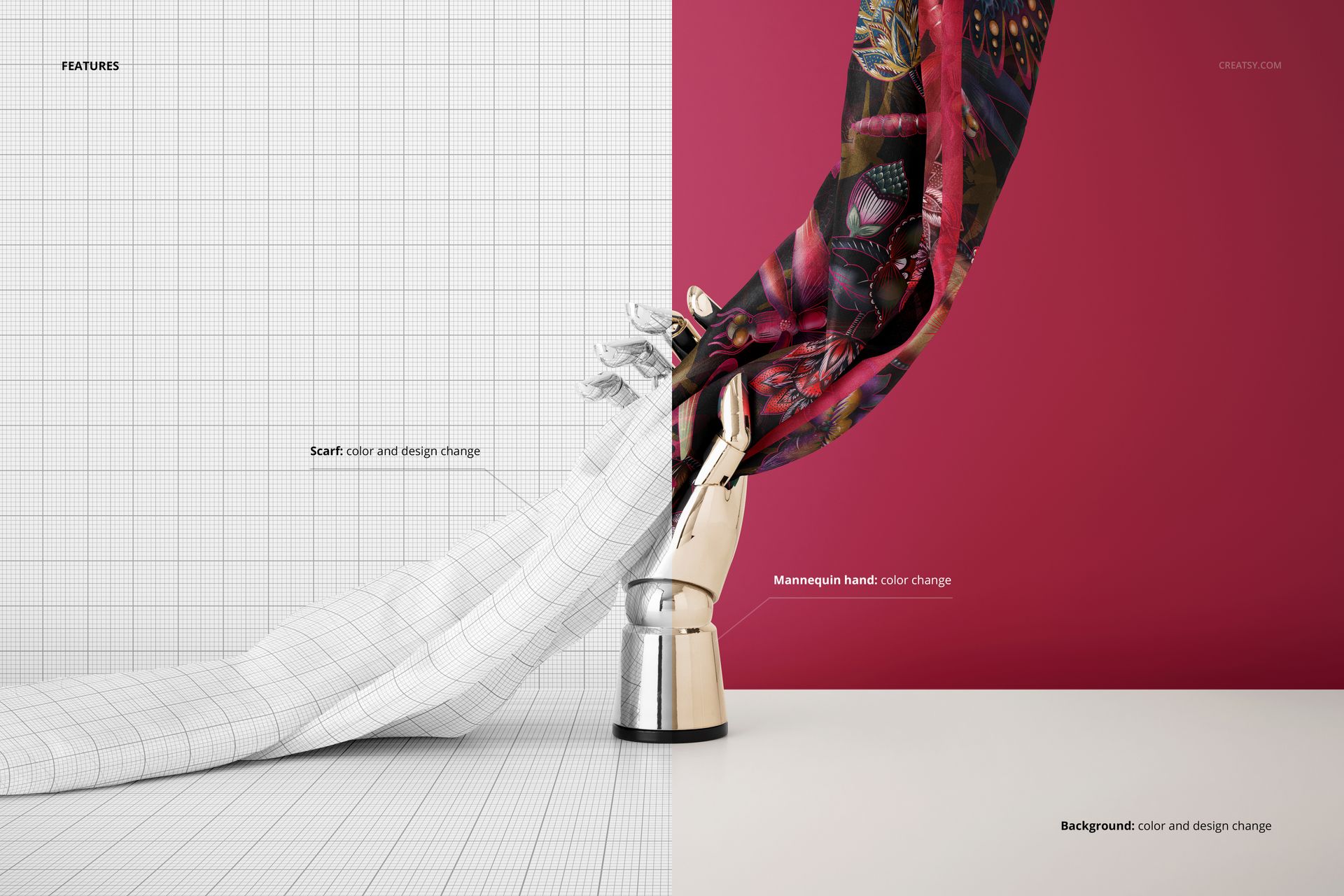 Colorful habotai silk scarf mockup displayed on a metallic mannequin hand, with half grid and half pink backdrop.