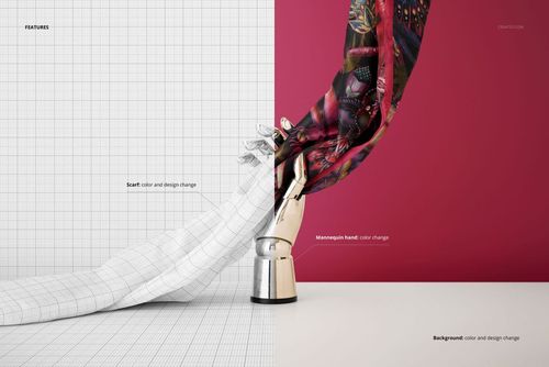 Colorful habotai silk scarf mockup displayed on a metallic mannequin hand, with half grid and half pink backdrop.
