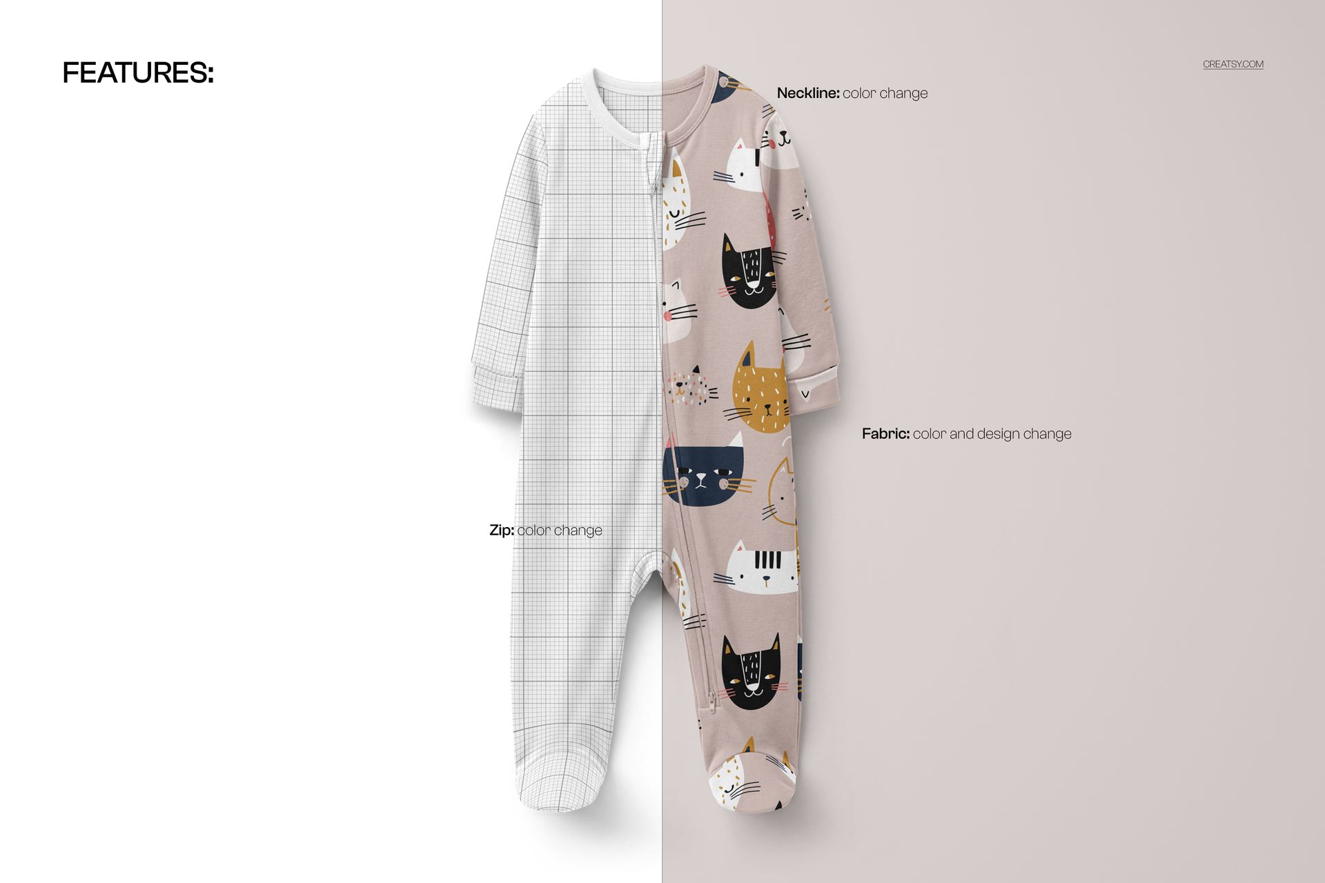 Front view of a baby sleepsuit mockup, split between a grid pattern and a playful animal print on a light background.