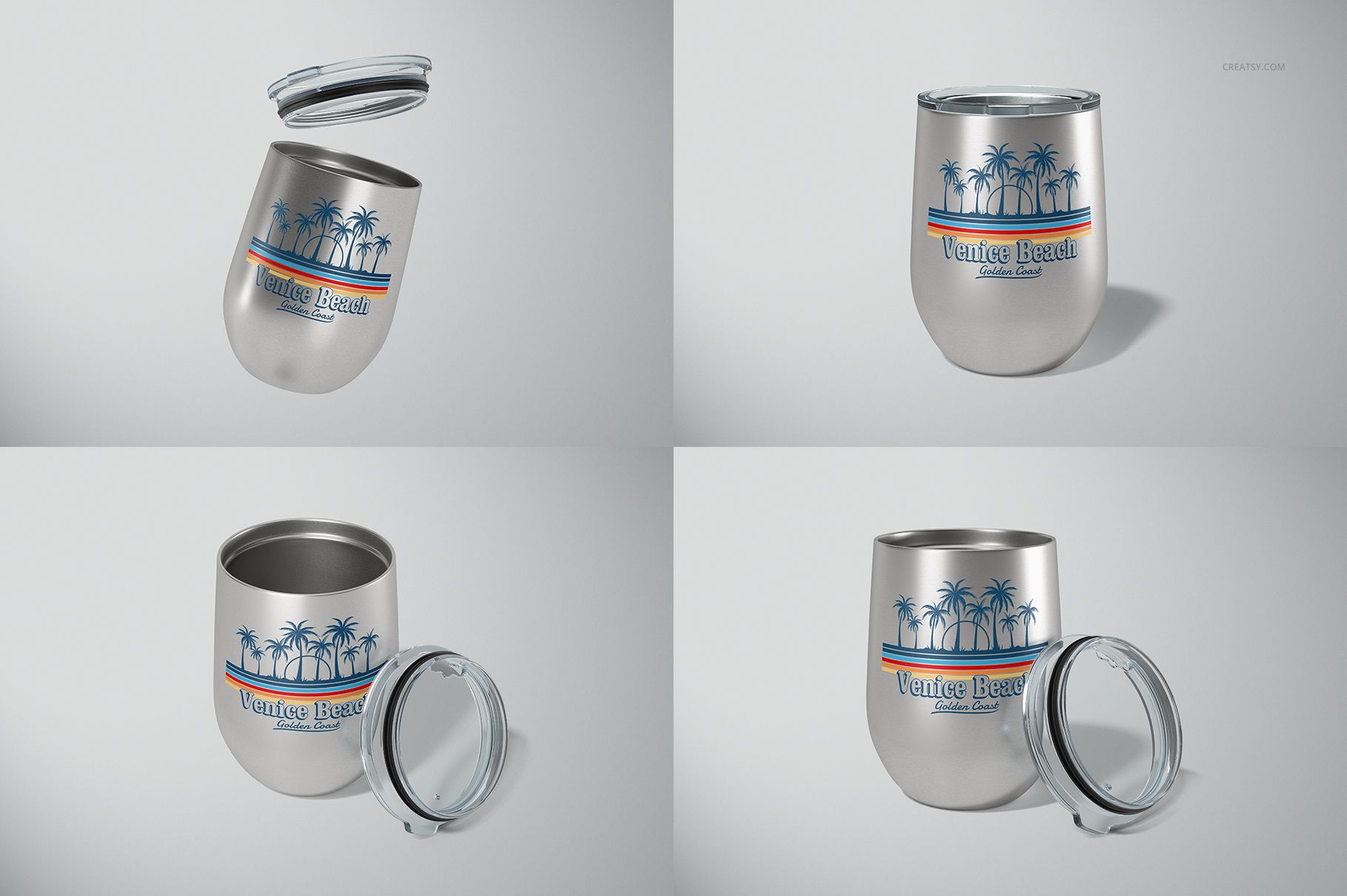 Set of four stemless wine cups with silver metallic finish, palm tree graphics, and removable clear lids shown in various angles.