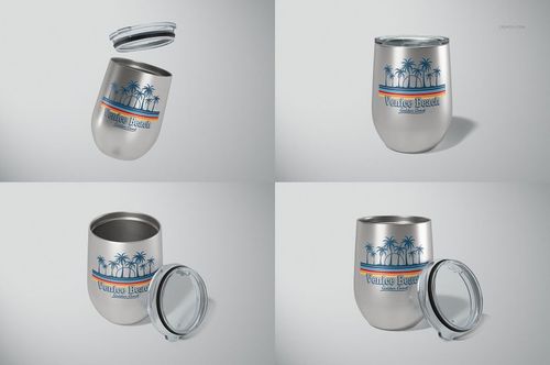 Set of four stemless wine cups with silver metallic finish, palm tree graphics, and removable clear lids shown in various angles.