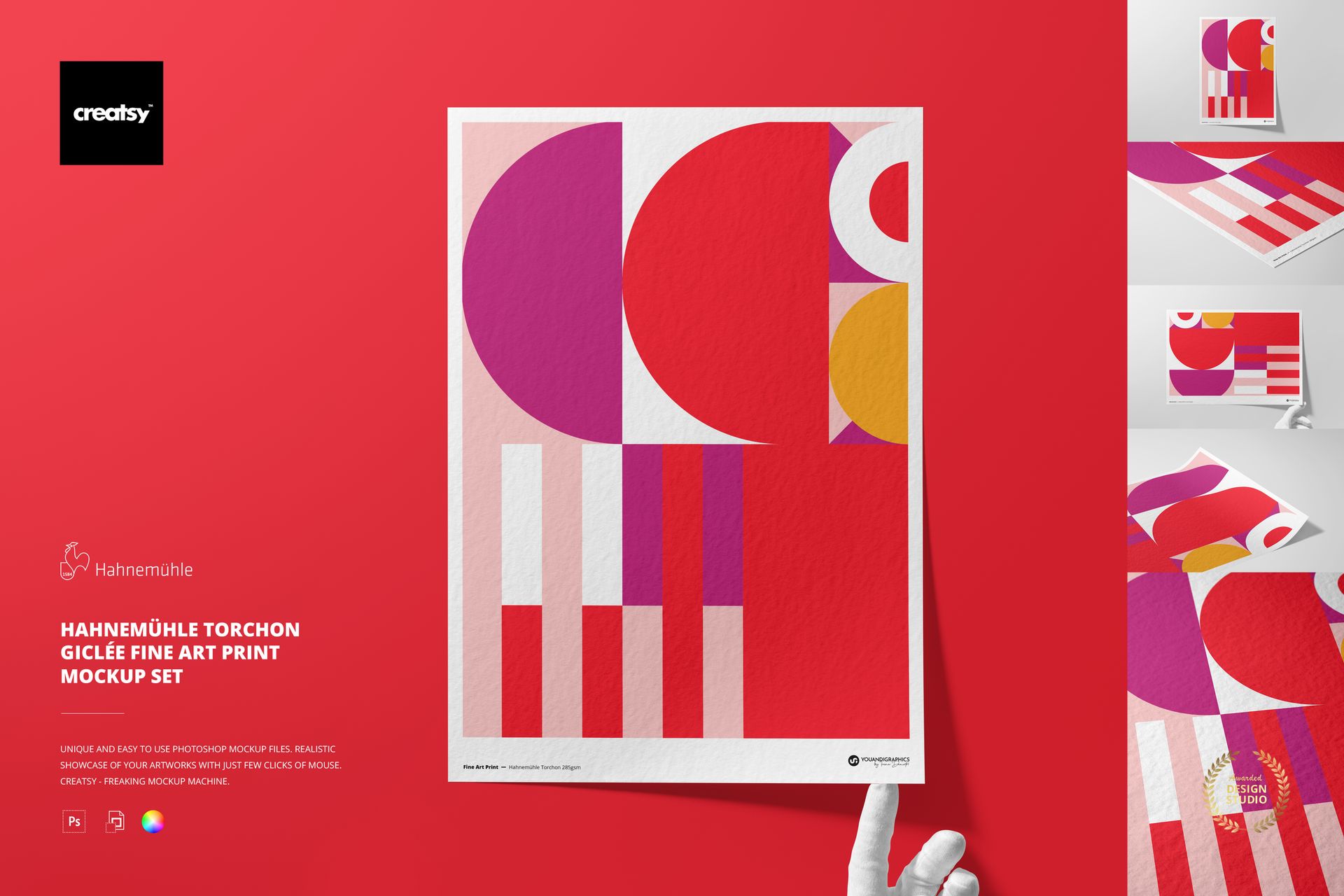 A3 fine art print mockup featuring bold geometric shapes in red, pink, white, and purple on a vibrant red background.