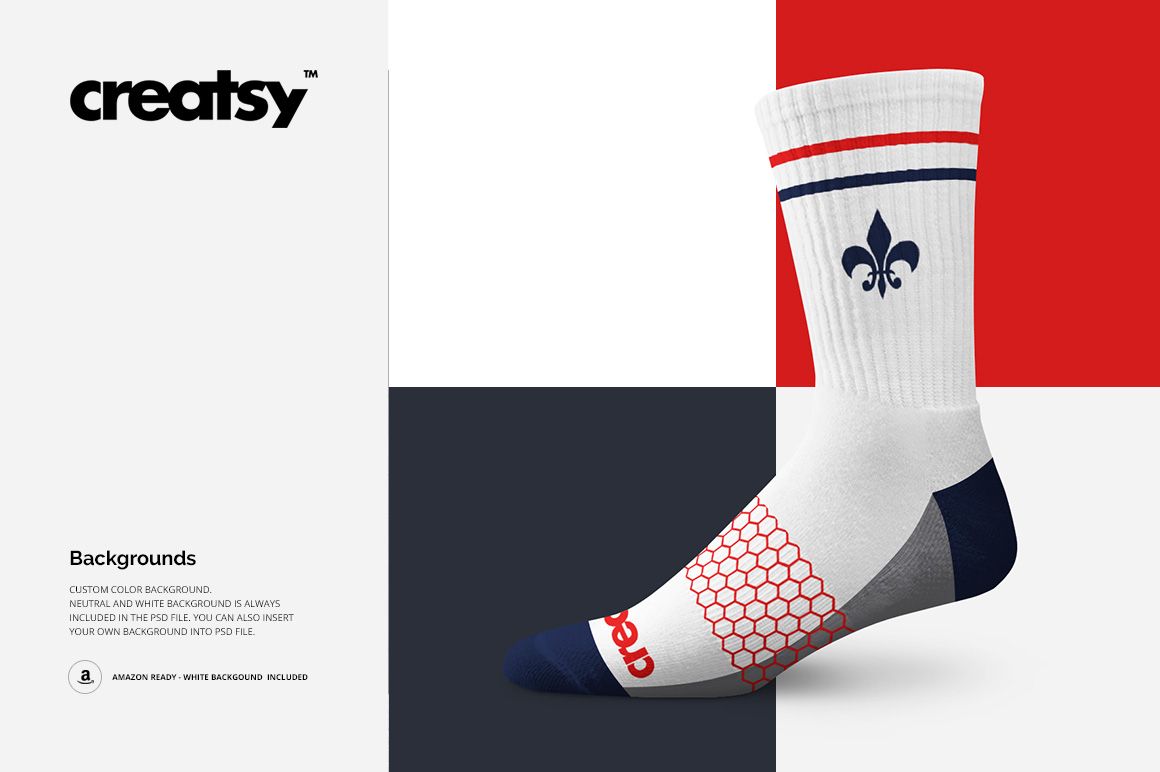 Front view of an athletic sock mockup with white base, navy and red accents, and geometric patterns on a color-block background.