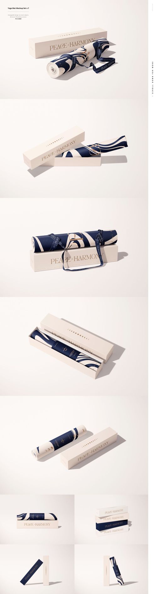 Rolled yoga mat featuring a bold navy and white design, displayed with matching box on a light background, mockup bundle.
