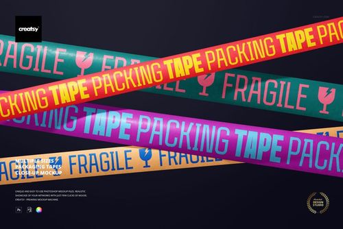 PSD mockup showing several packaging tapes with clear text and icons, arranged diagonally over a black backdrop.