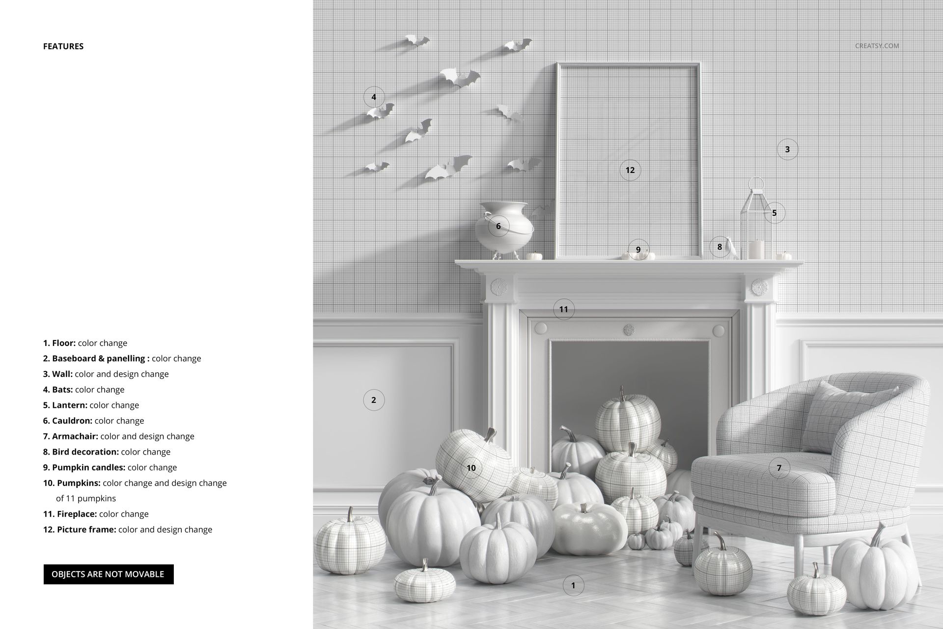 Front view of a Halloween themed interior mockup featuring a white fireplace, armchair, and various white pumpkins.