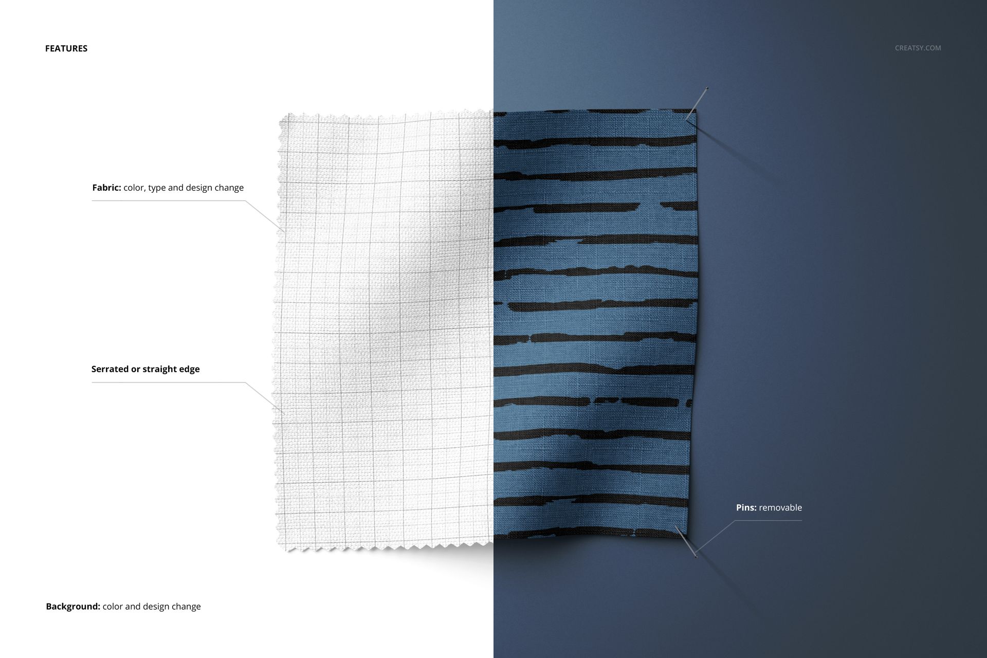 Fabric swatches mockup showing a textured white grid swatch beside a blue striped swatch, both pinned on divided backgrounds.