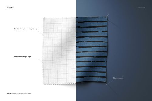 Fabric swatches mockup showing a textured white grid swatch beside a blue striped swatch, both pinned on divided backgrounds.