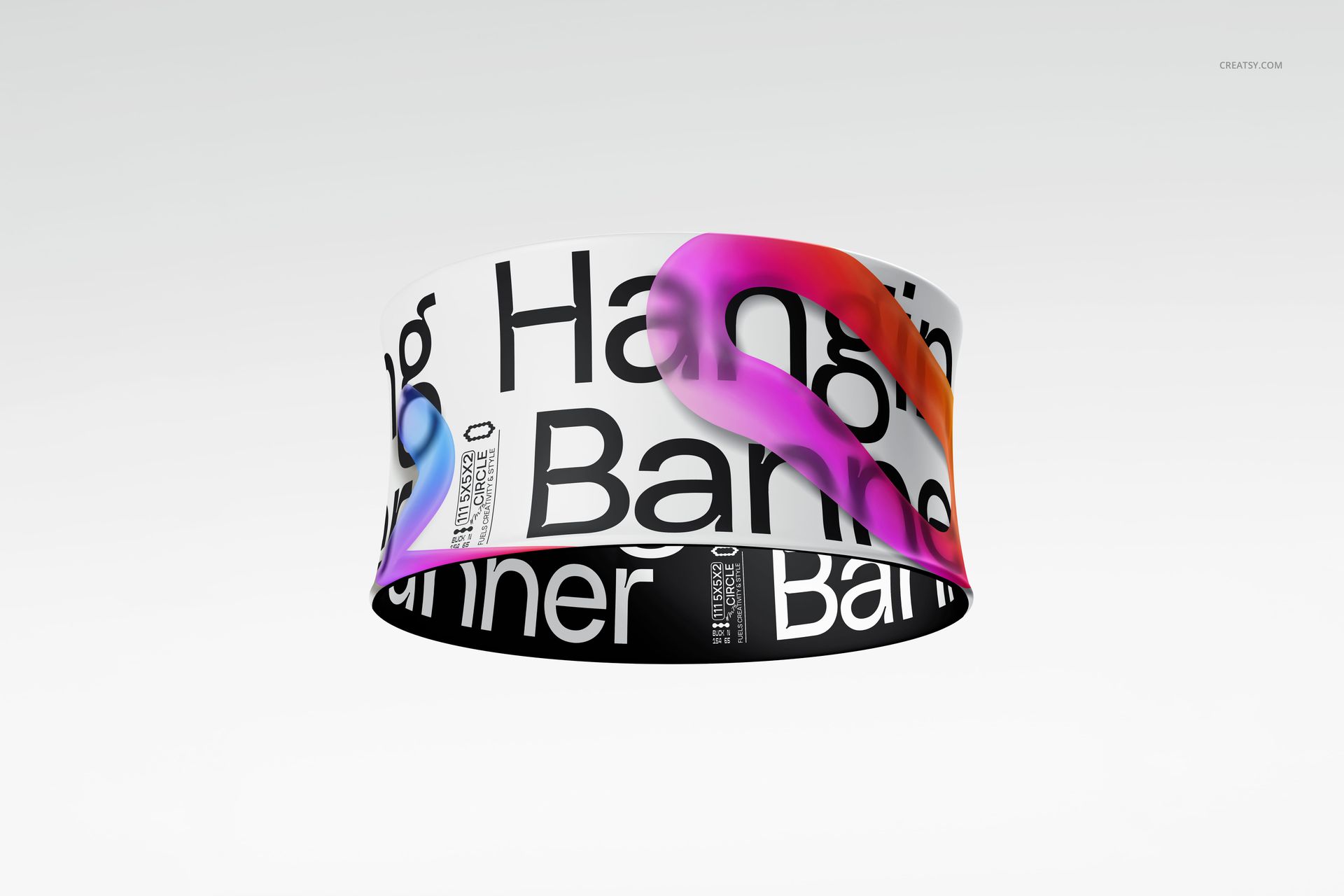 Front view of a round indoor advertising banner mockup featuring oversized black lettering and swirling color accents.